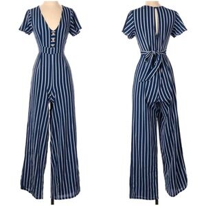Crystal Doll Navy Striped Jumpsuit
